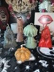 Grim Reaper, pumpkin skulls, dead bride, witch hand crystal ball pillar candles