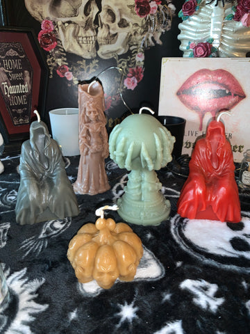 Grim Reaper, pumpkin skulls, dead bride, witch hand crystal ball pillar candles